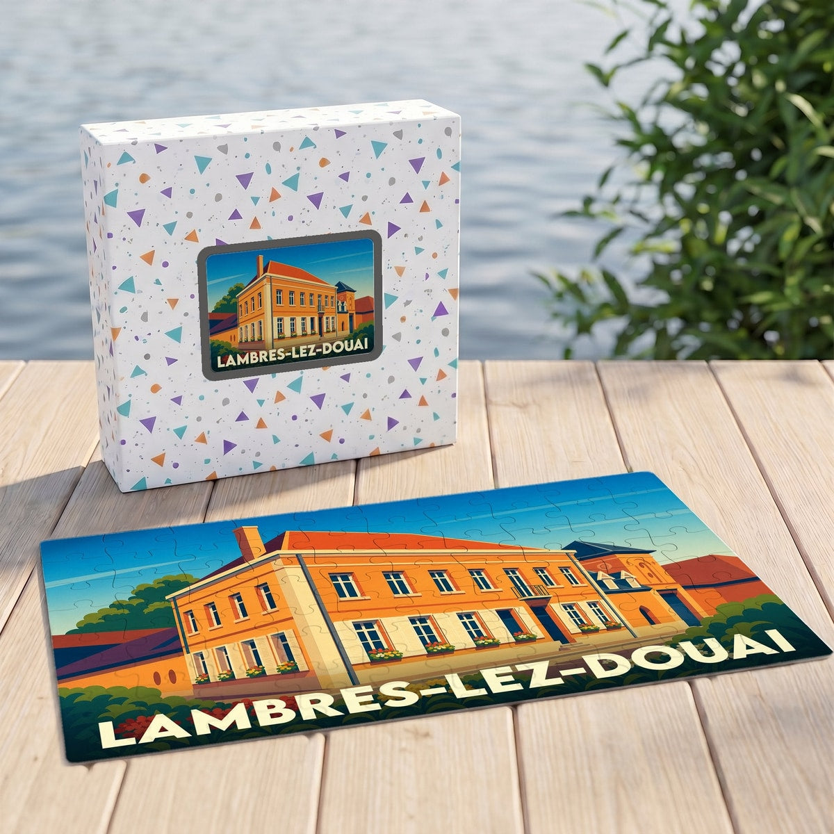 Puzzle souvenir de la ville de Lambres-lez-Douai avec une illustration stylisée et colorée.