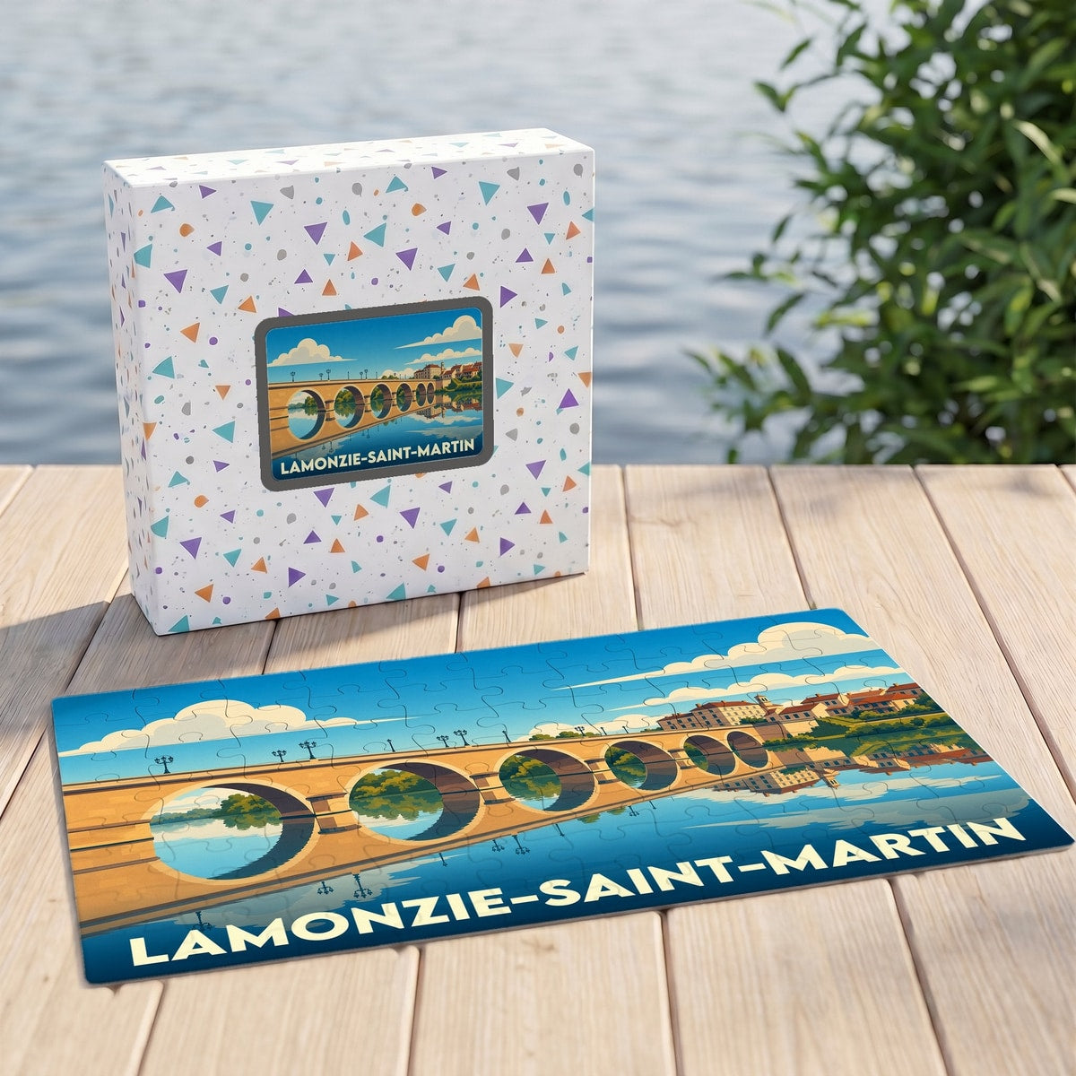 Puzzle souvenir de la ville de Lamonzie-Saint-Martin avec une illustration stylisée d'un pont à arches.