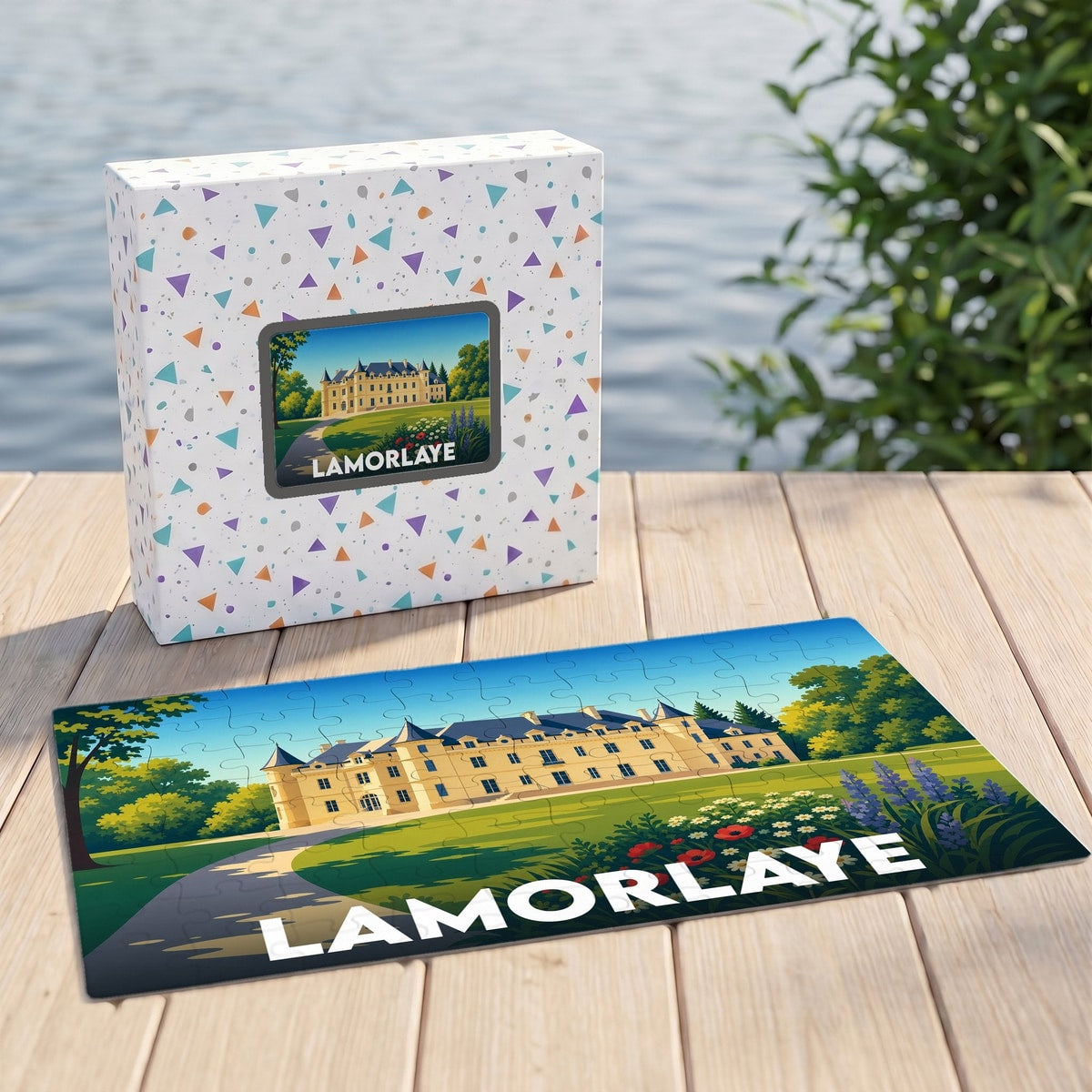 Puzzle souvenir de la ville de Lamorlaye représentant son château avec une illustration colorée et stylisée.