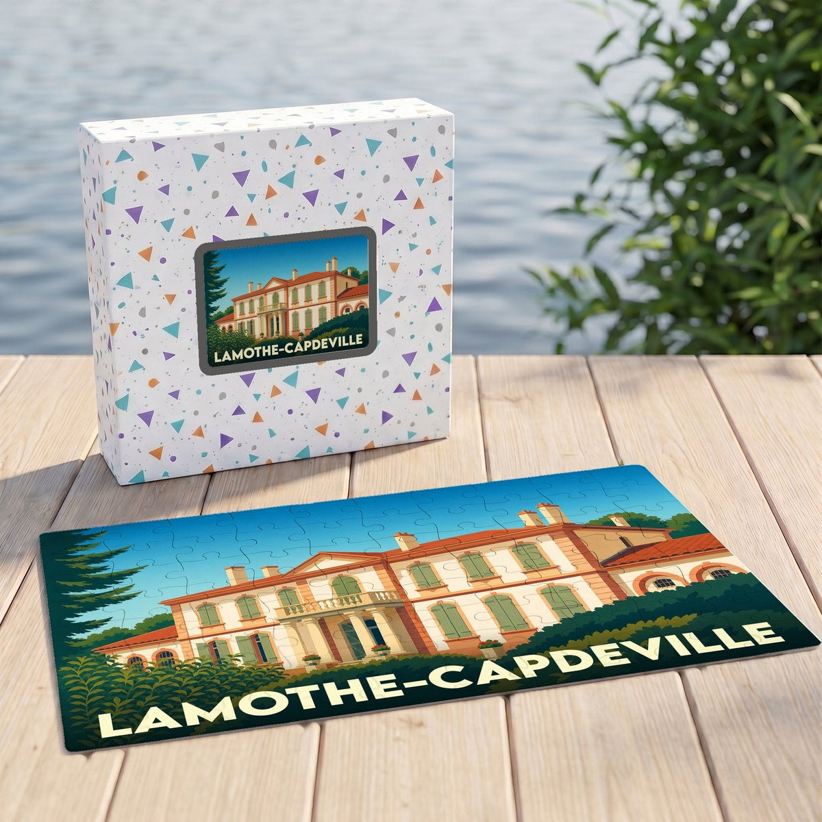 Puzzle souvenir de la ville de Lamothe-Capdeville avec une illustration stylisée de sa demeure historique.