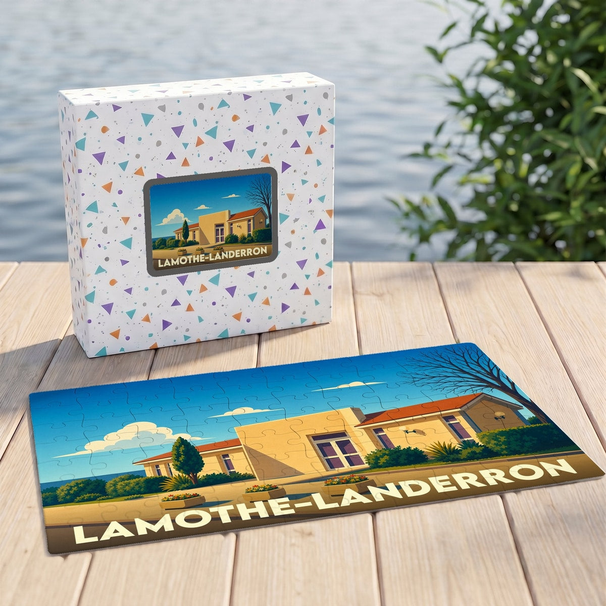 Puzzle souvenir de la ville de Lamothe-Landerron avec une illustration stylisée.
