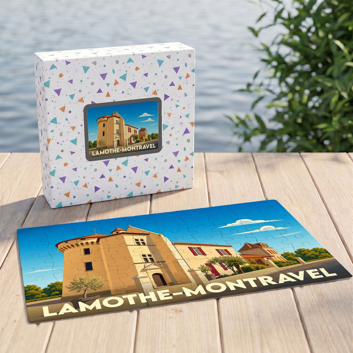 Puzzle souvenir de la ville de Lamothe-Montravel avec une illustration stylisée d'un château.