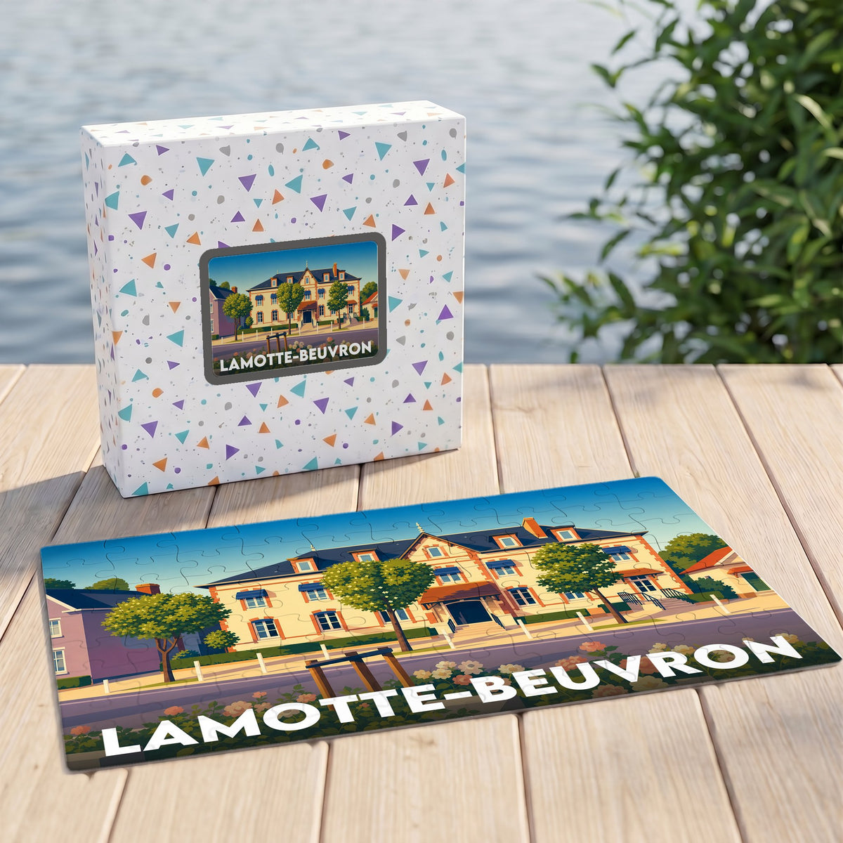 Puzzle souvenir de la ville de Lamotte-Beuvron avec une illustration stylisée d'un bâtiment historique.