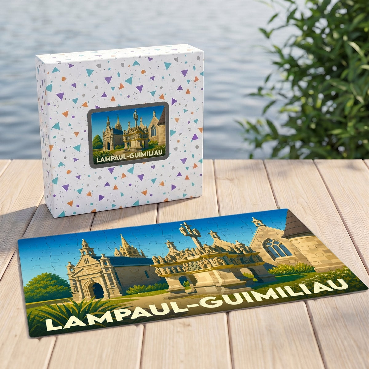 Puzzle souvenir de la commune de Lampaul-Guimiliau avec une illustration stylisée de son enclos paroissial.