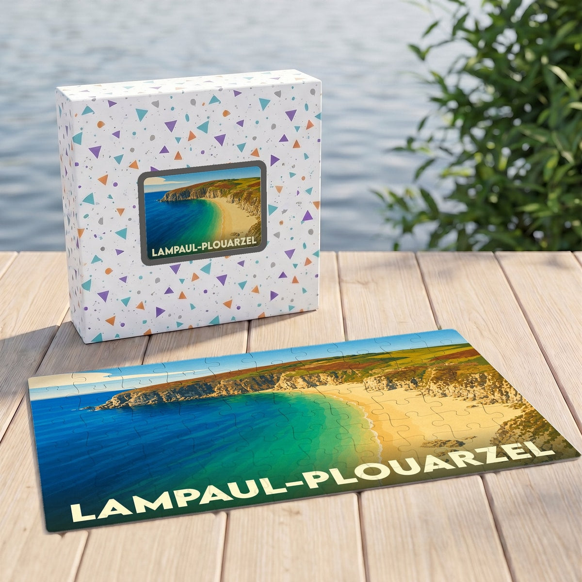 Puzzle souvenir de la ville de Lampaul-Plouarzel illustré par un paysage côtier coloré.