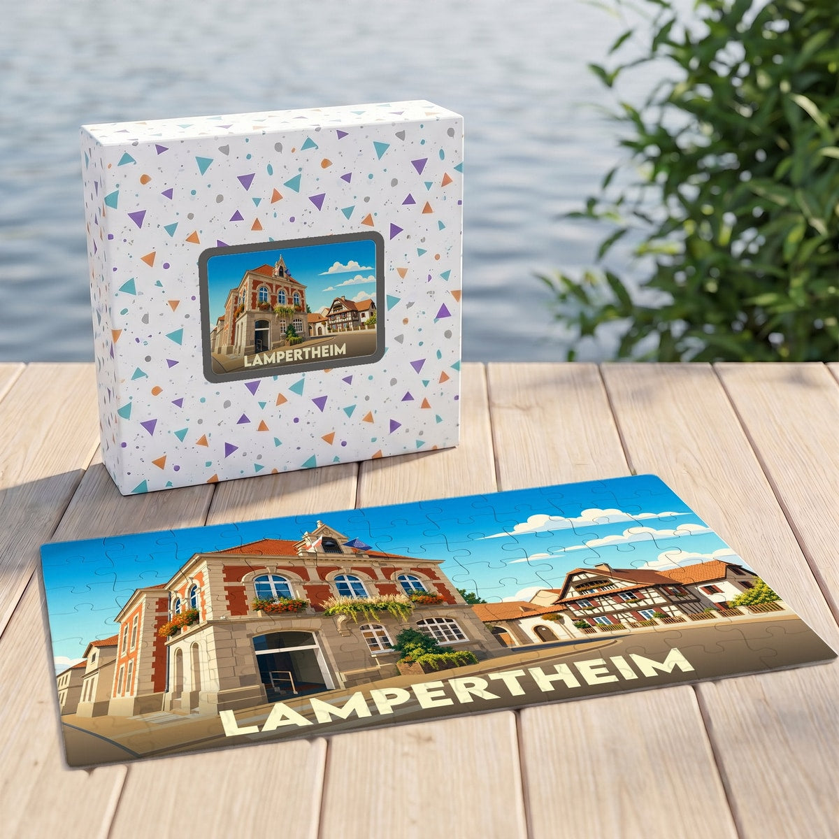 Puzzle souvenir de la ville de Lampertheim représentant une illustration stylisée de son architecture locale.