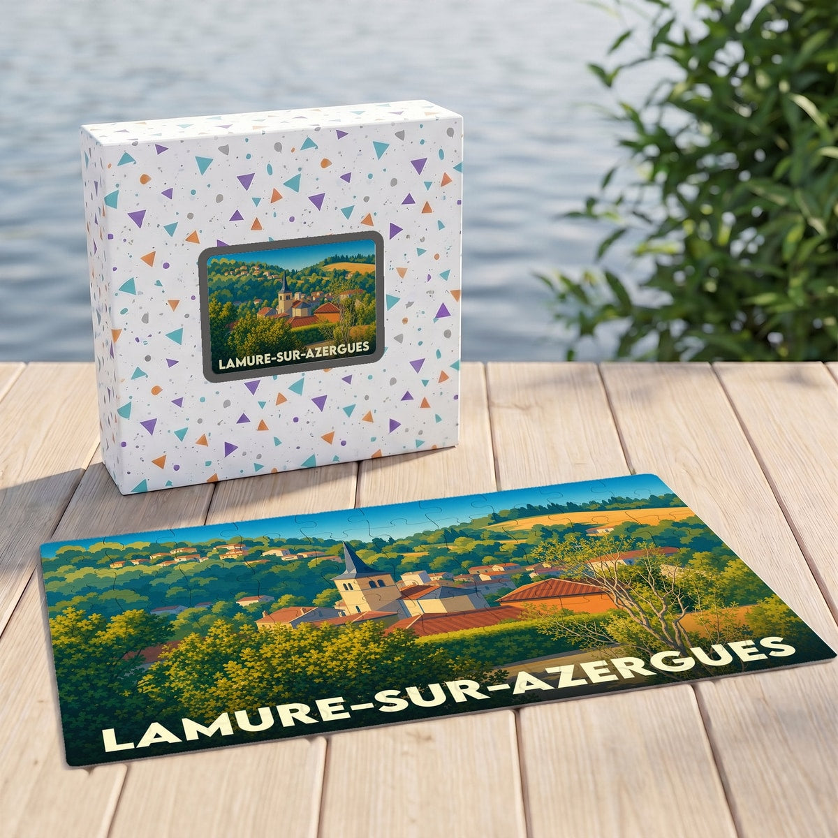 Puzzle souvenir de la ville de Lamure-sur-Azergues avec une illustration stylisée de son paysage vallonné.