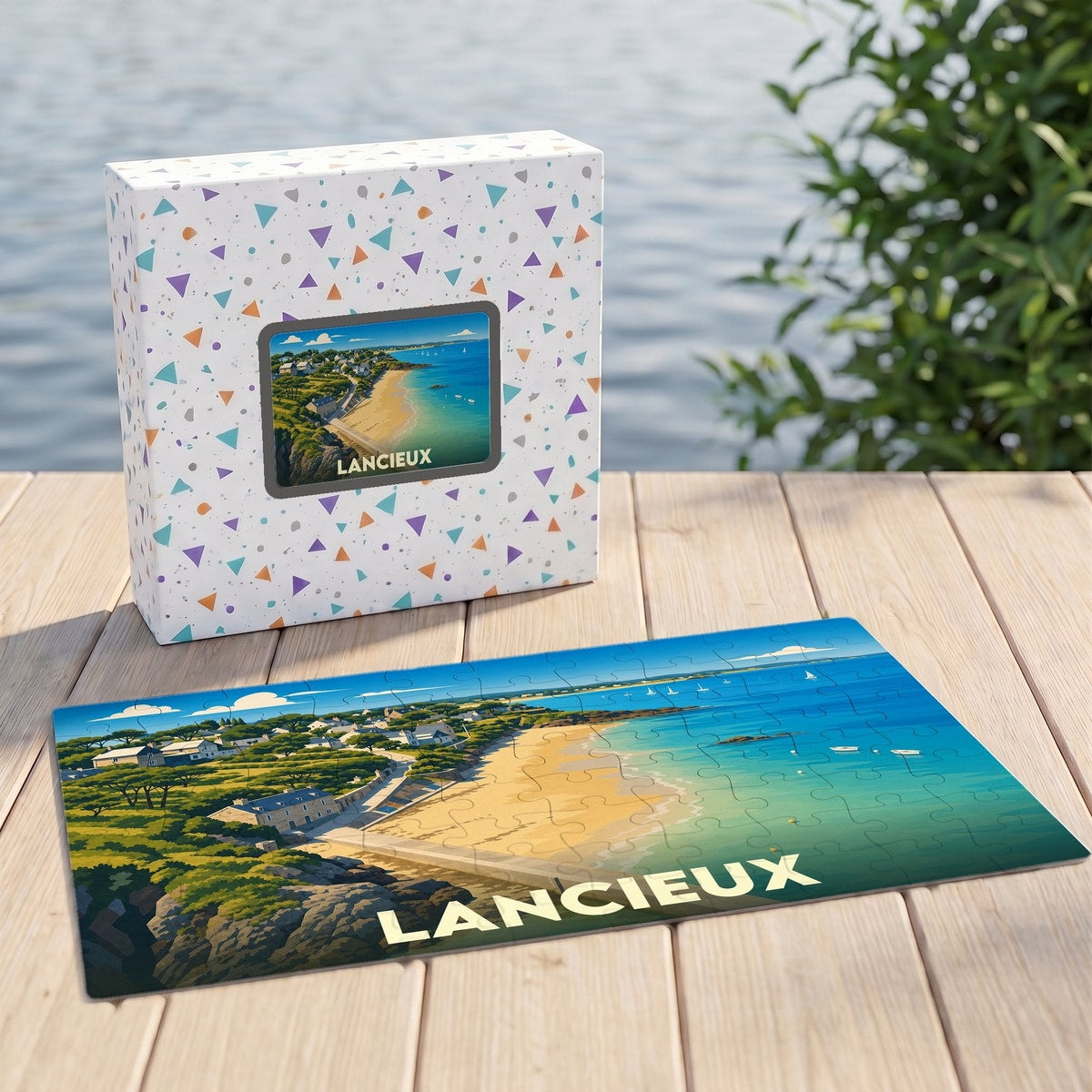 Puzzle souvenir de la ville de Lancieux avec une illustration stylisée de sa côte et de sa plage.