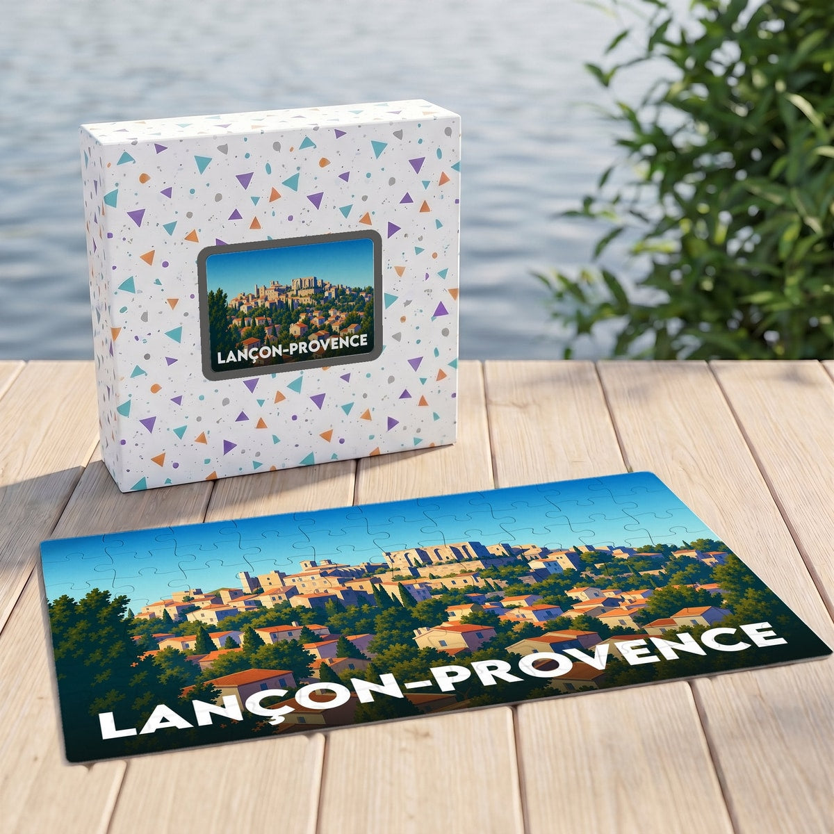 Puzzle souvenir de la ville de Lançon-Provence avec une illustration paysagère stylisée.