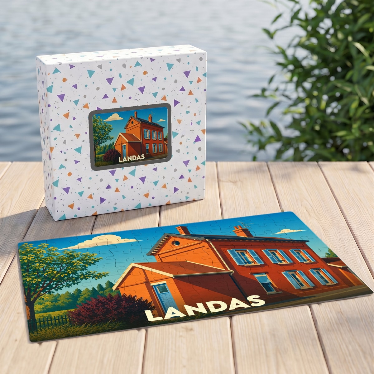 Puzzle souvenir de la ville de Landas avec une illustration stylisée d'une maison en briques rouges.