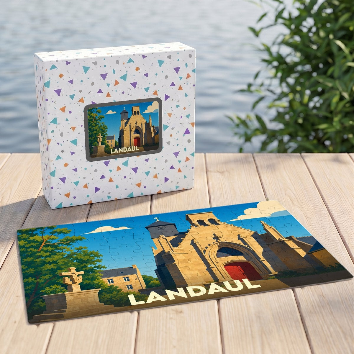 Puzzle souvenir de la ville de Landaul avec une illustration stylisée de son église.