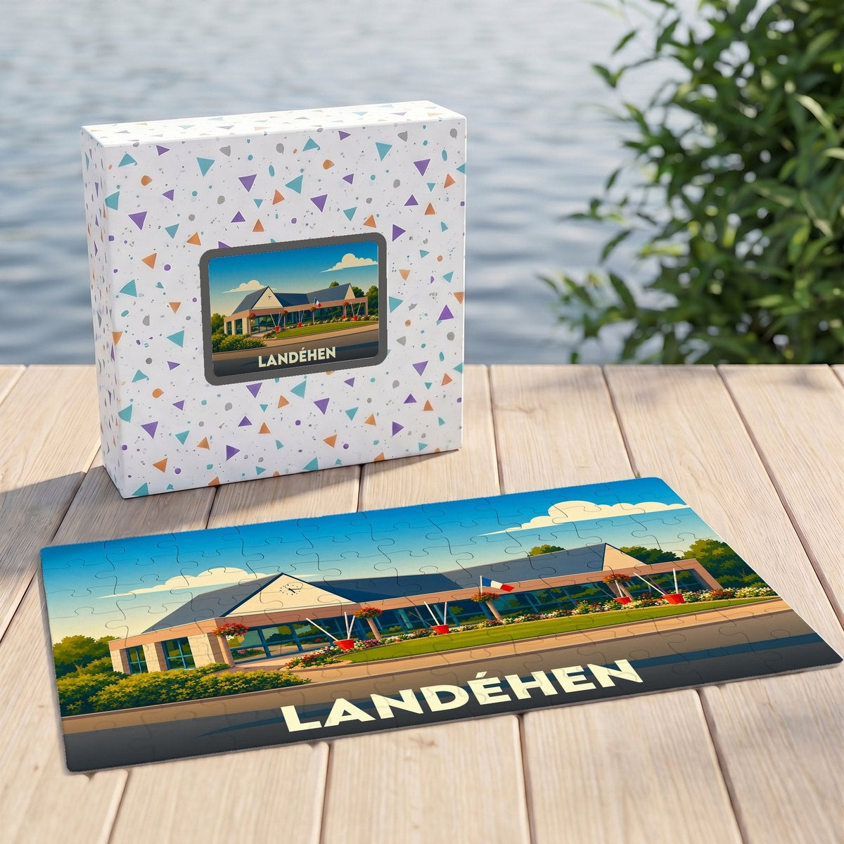 Puzzle souvenir de la ville de Landéhen avec une illustration stylisée d'un bâtiment municipal.
