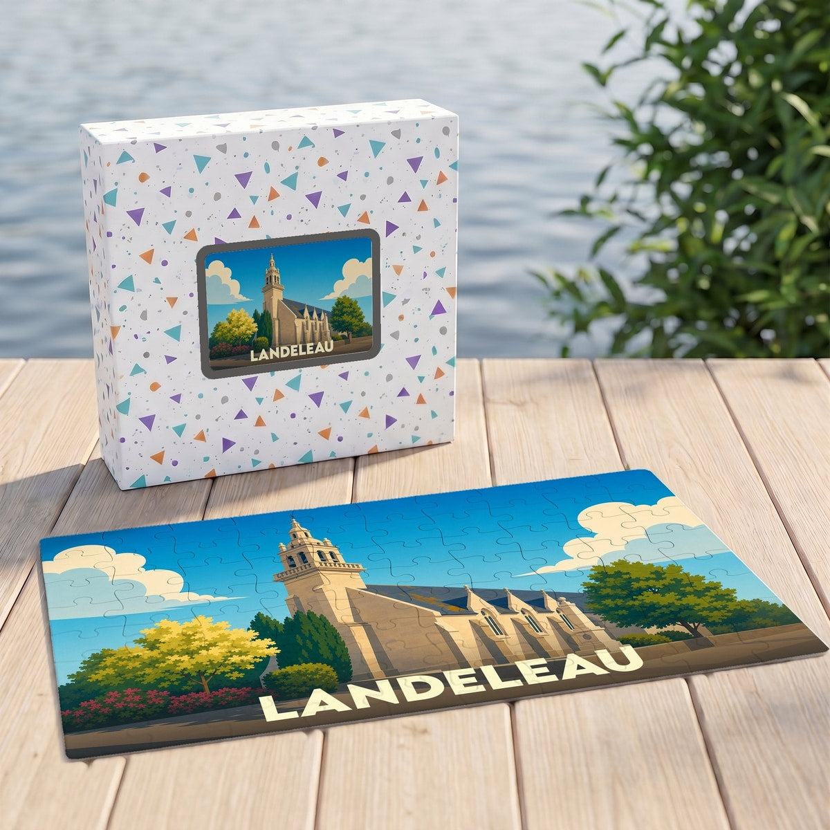 Puzzle souvenir de la ville de Landeleau avec une illustration stylisée de son église.