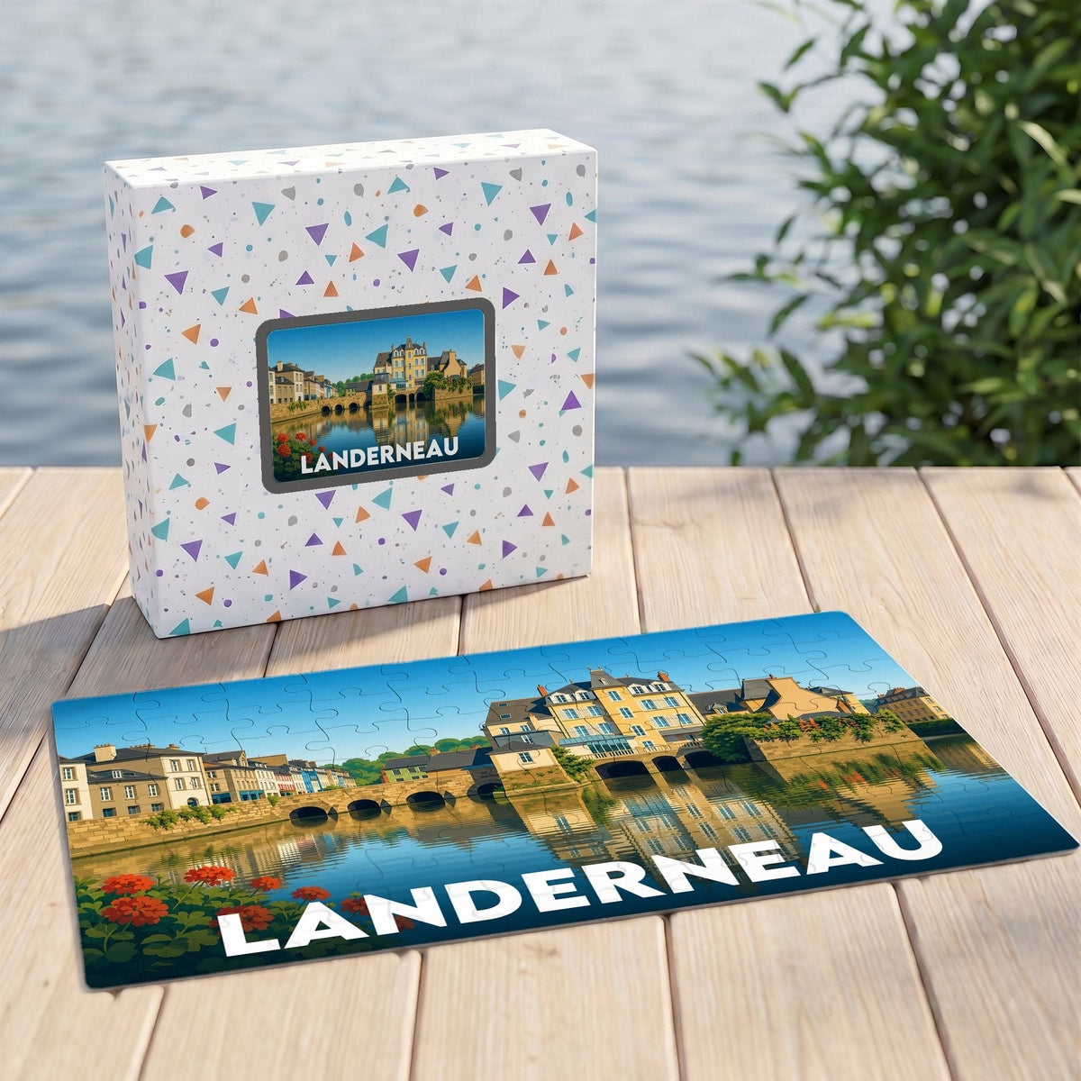 Puzzle souvenir de la ville de Landerneau représentant une illustration colorée du célèbre pont habité.