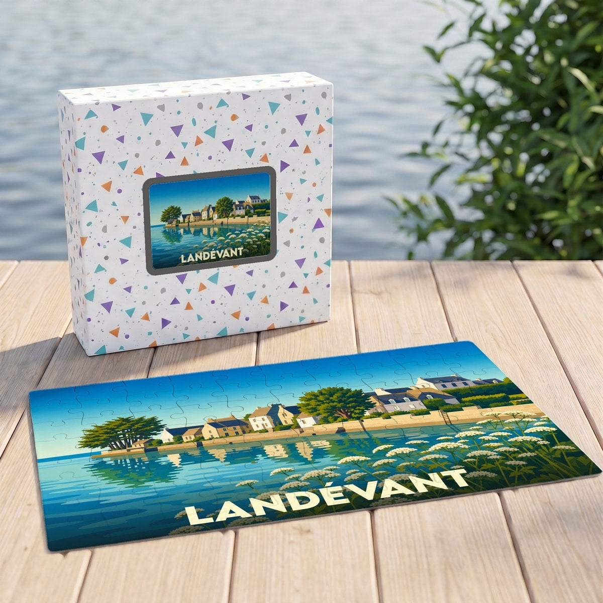 Puzzle souvenir de la ville de Landévant avec une illustration stylisée et colorée du bord de mer.