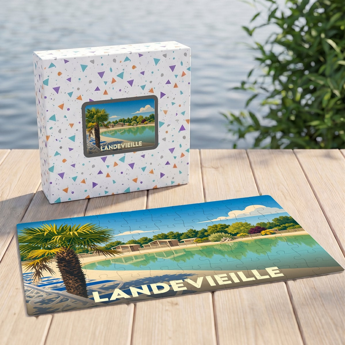 Puzzle souvenir de la ville de Landevieille avec une illustration stylisée d'un bord de mer ensoleillé.