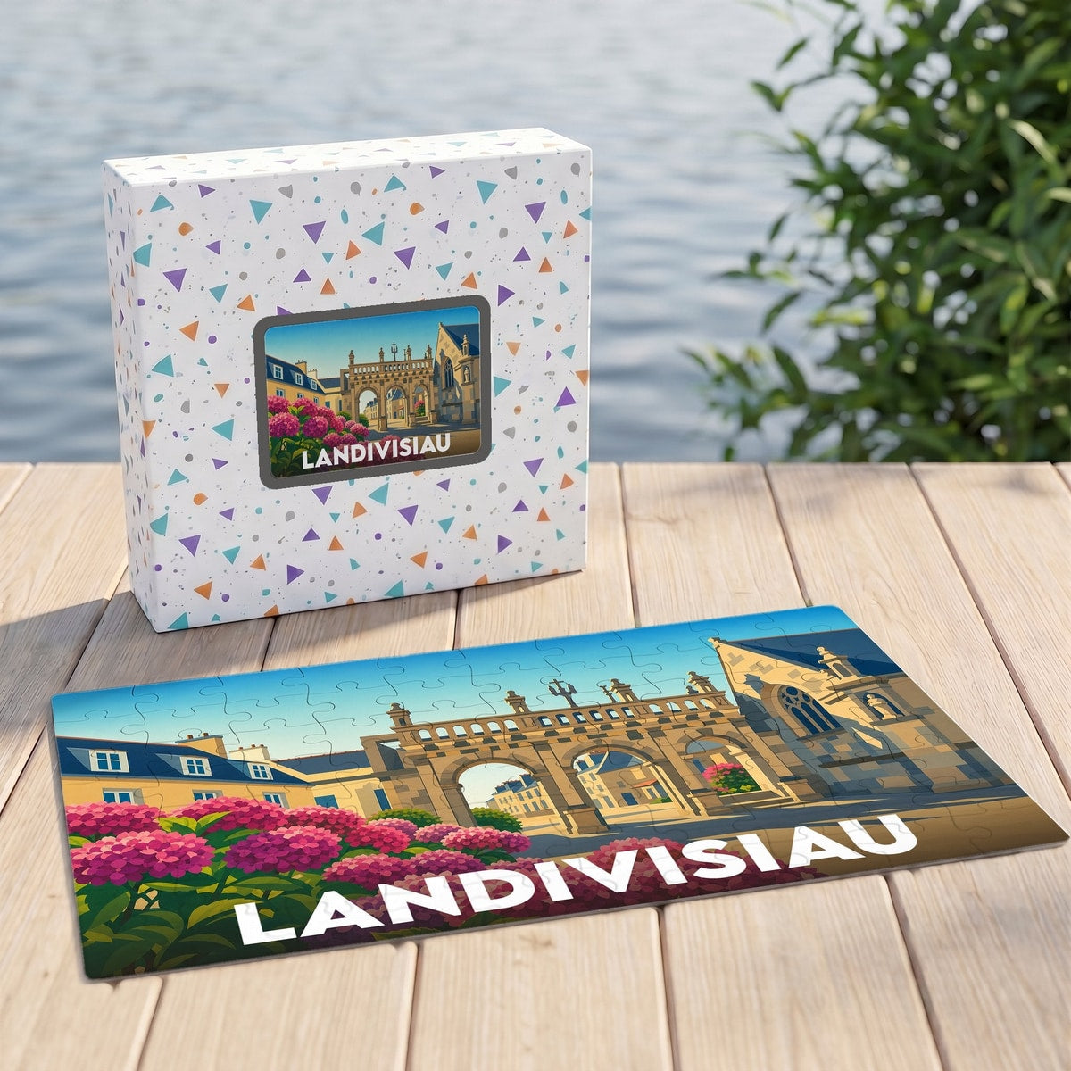 Puzzle souvenir de la ville de Landivisiau avec une illustration stylisée et colorée de son architecture.
