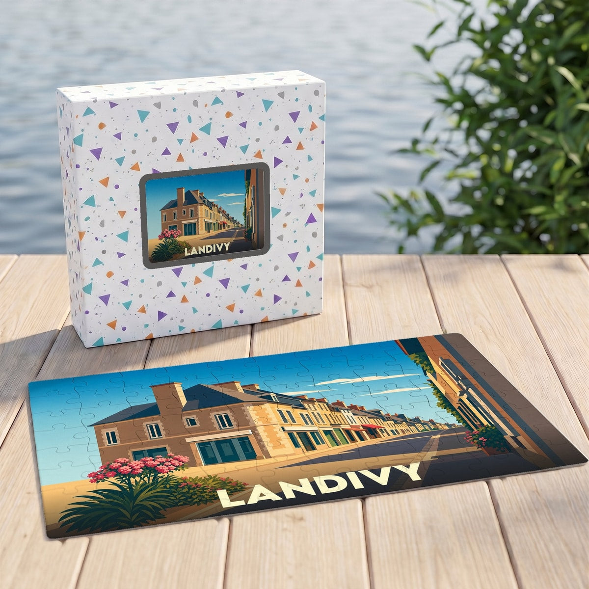 Puzzle souvenir de la ville de Landivy avec une illustration stylisée et sa boîte assortie.