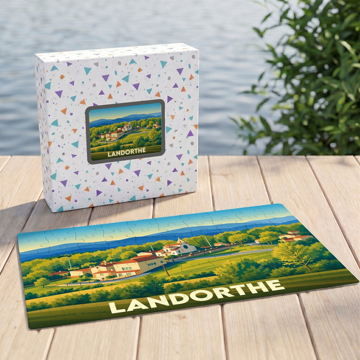 Puzzle souvenir de la ville de Landorthe avec une illustration de paysage champêtre stylisé.