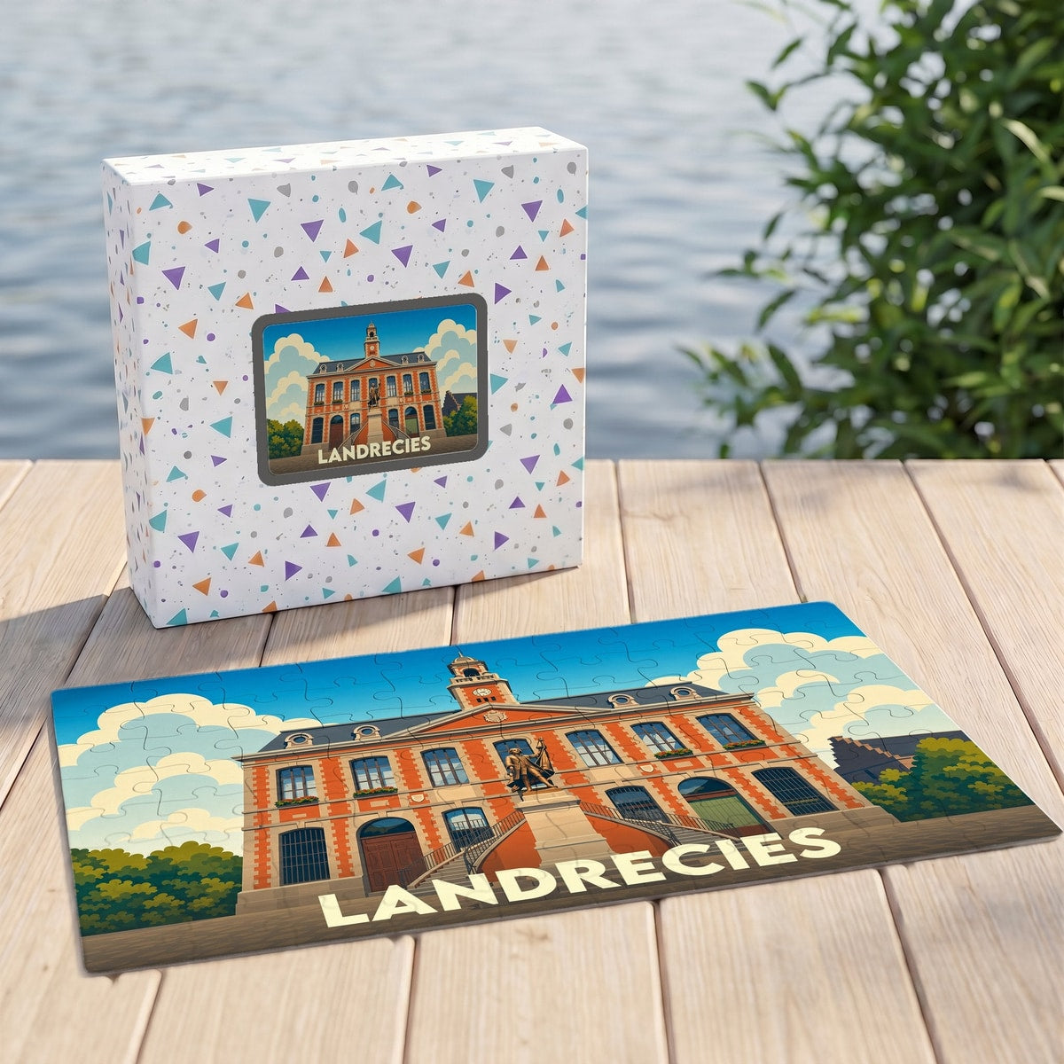 Puzzle souvenir de la ville de Landrecies avec une illustration stylisée de son hôtel de ville.