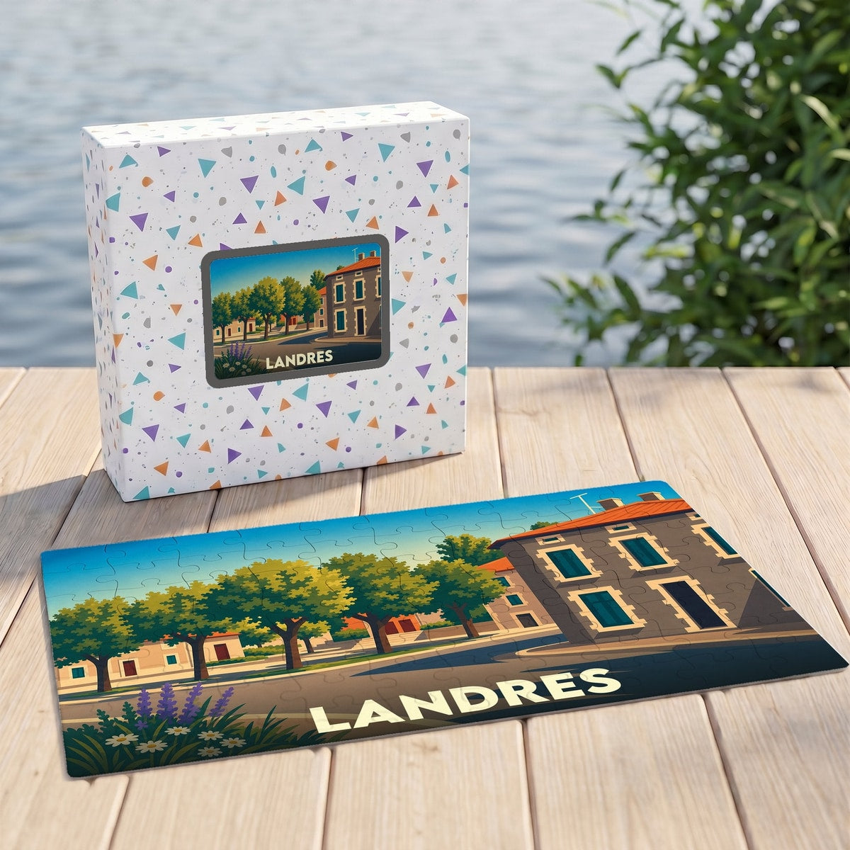 Puzzle souvenir de la ville de Landres avec une illustration stylisée et colorée.