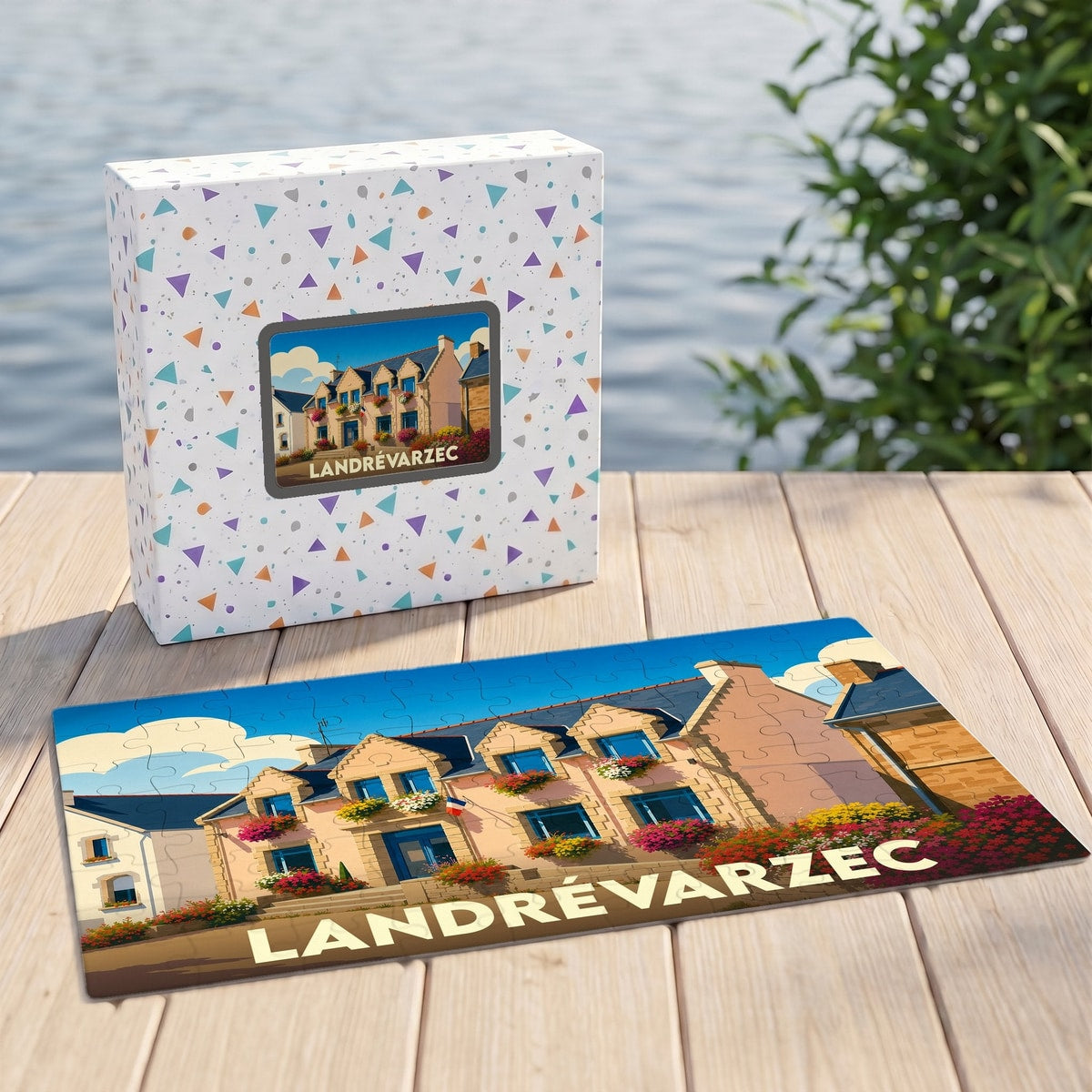 Puzzle souvenir de la ville de Landrévarzec avec une illustration stylisée.