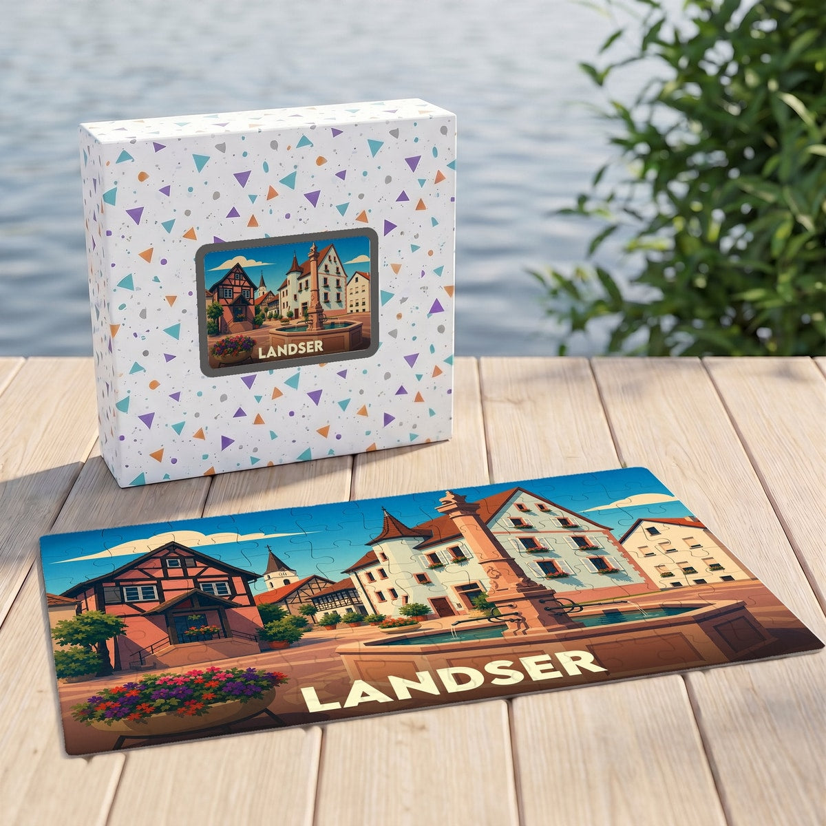 Puzzle souvenir de la ville de Landser avec une illustration stylisée d'une place de village.