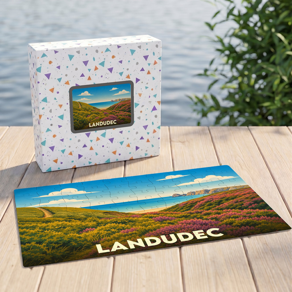 Puzzle souvenir de la ville de Landudec représentant un paysage côtier illustré.