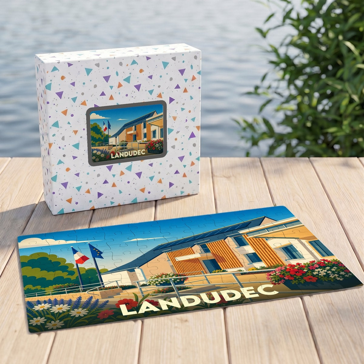 Puzzle souvenir de la ville de Landudec avec une illustration stylisée et colorée.