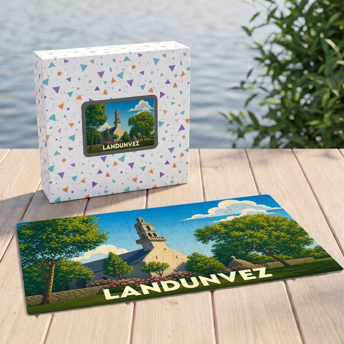 Puzzle souvenir de la ville de Landunvez avec une illustration stylisée de son église.