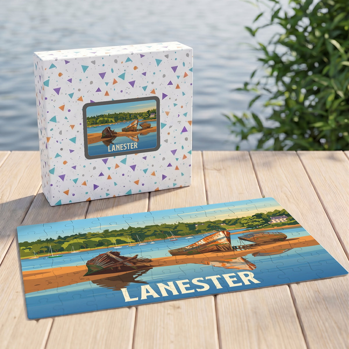 Puzzle souvenir de la ville de Lanester illustrant des épaves de bateaux dans un style rétro.