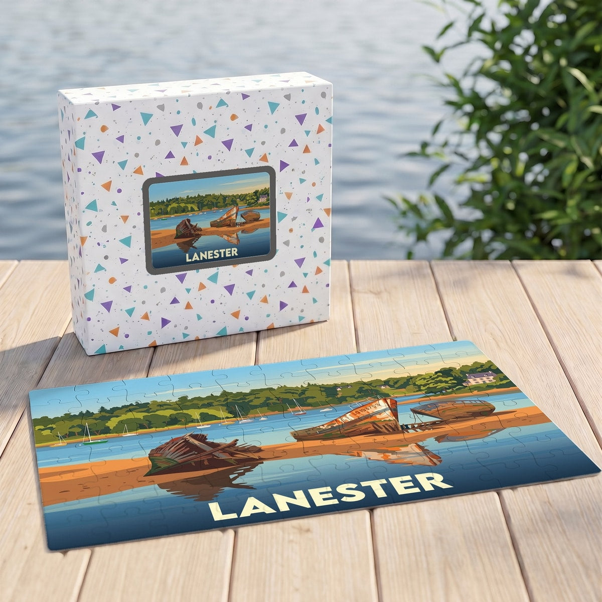 Puzzle souvenir de la ville de Lanester illustrant des épaves de bateaux dans un style rétro.