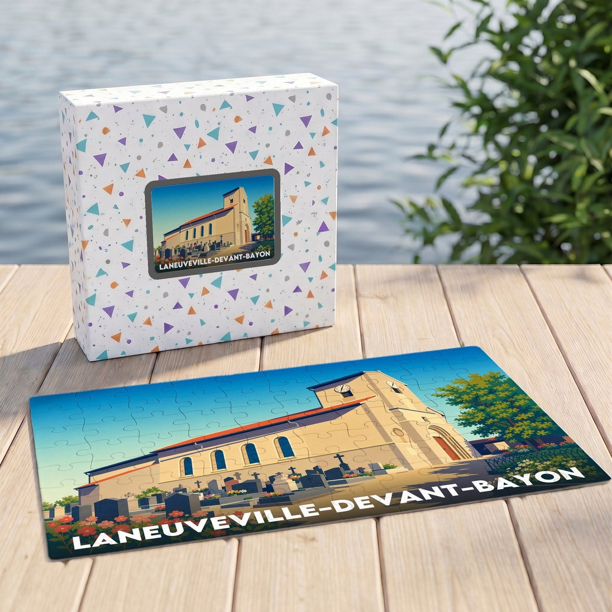 Puzzle souvenir de la ville de Laneuveville-devant-Bayon avec une illustration stylisée de son église.