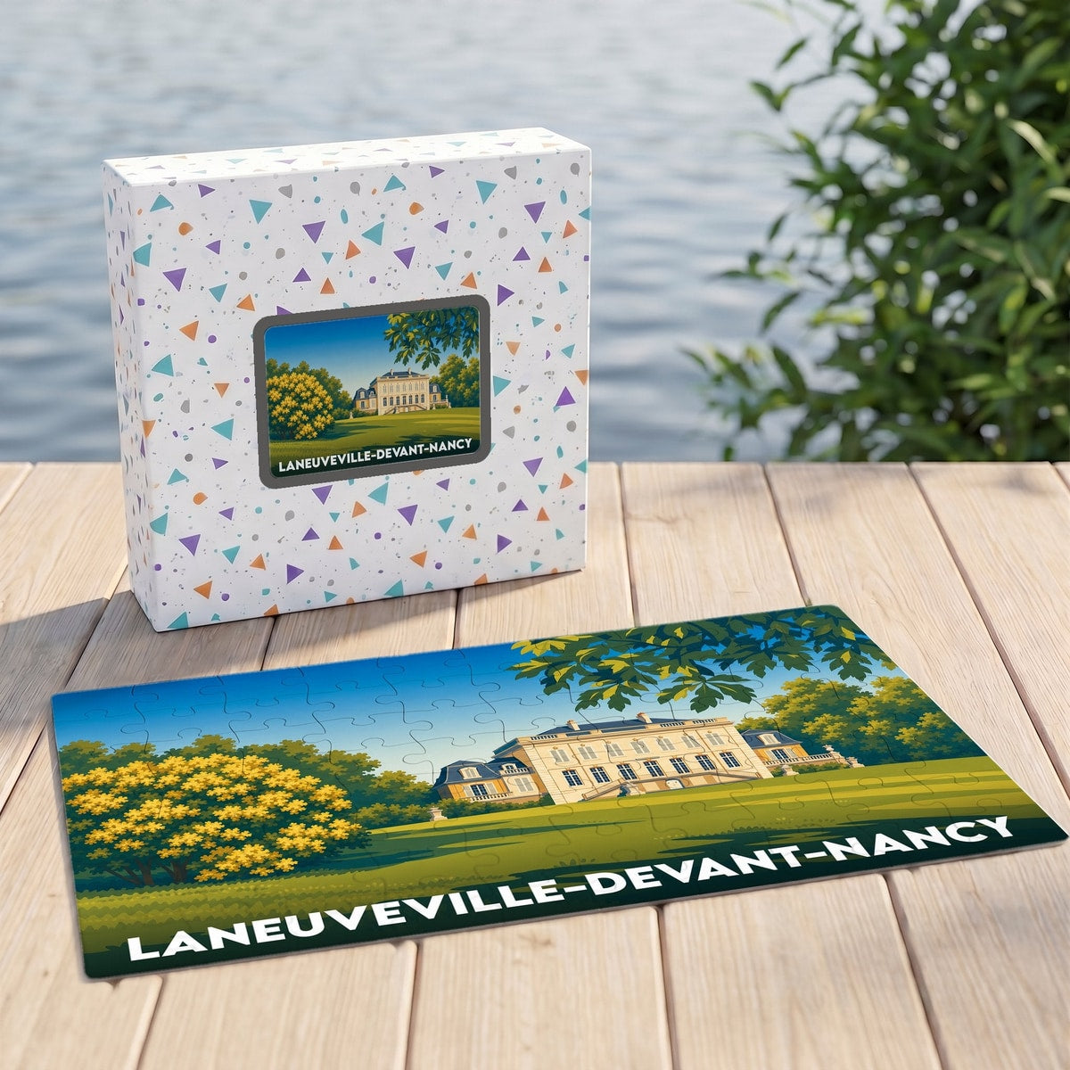 Puzzle souvenir de Laneuveville-devant-Nancy représentant une illustration stylisée de son patrimoine.
