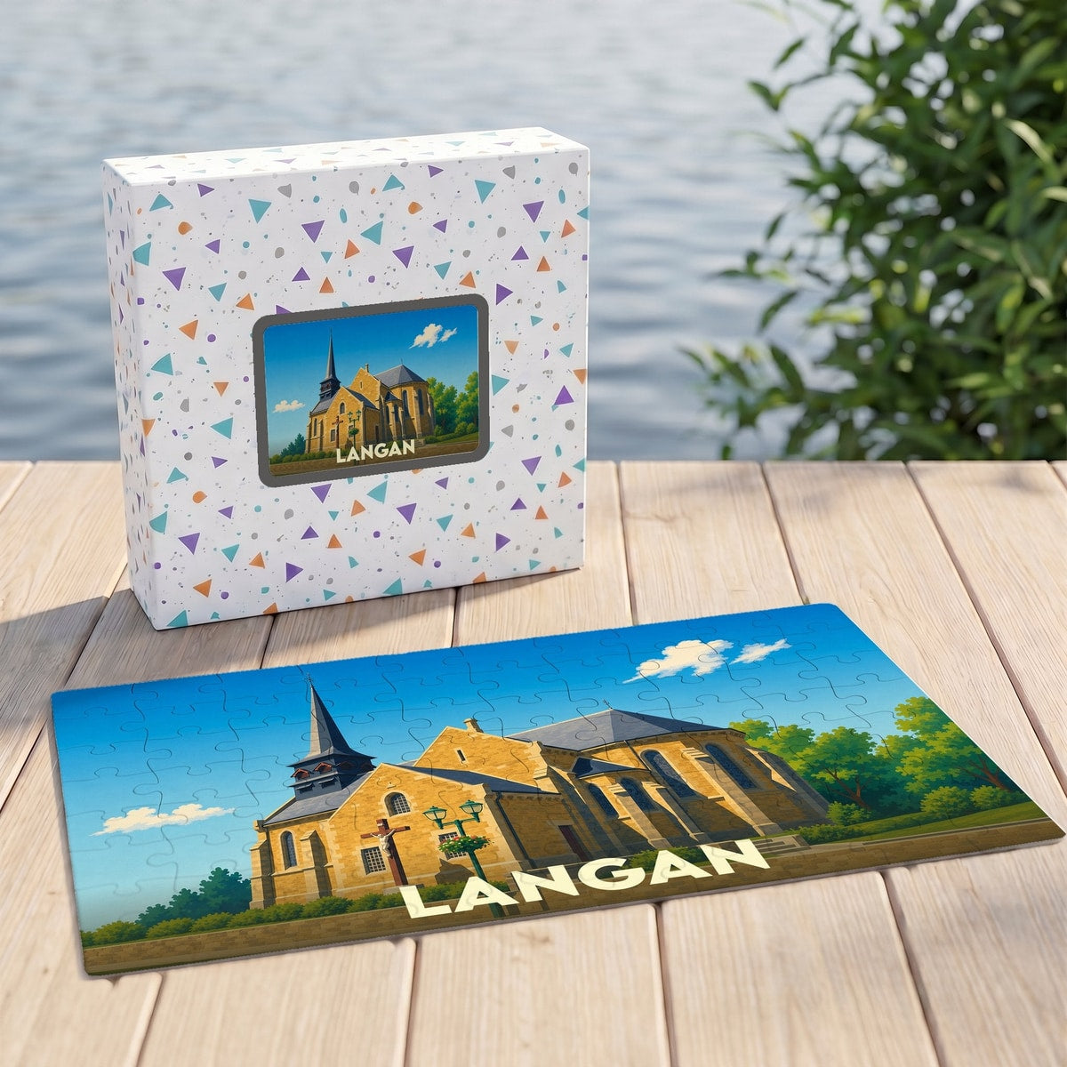 Puzzle souvenir de la ville de Langan illustrant son église sous un ciel bleu.