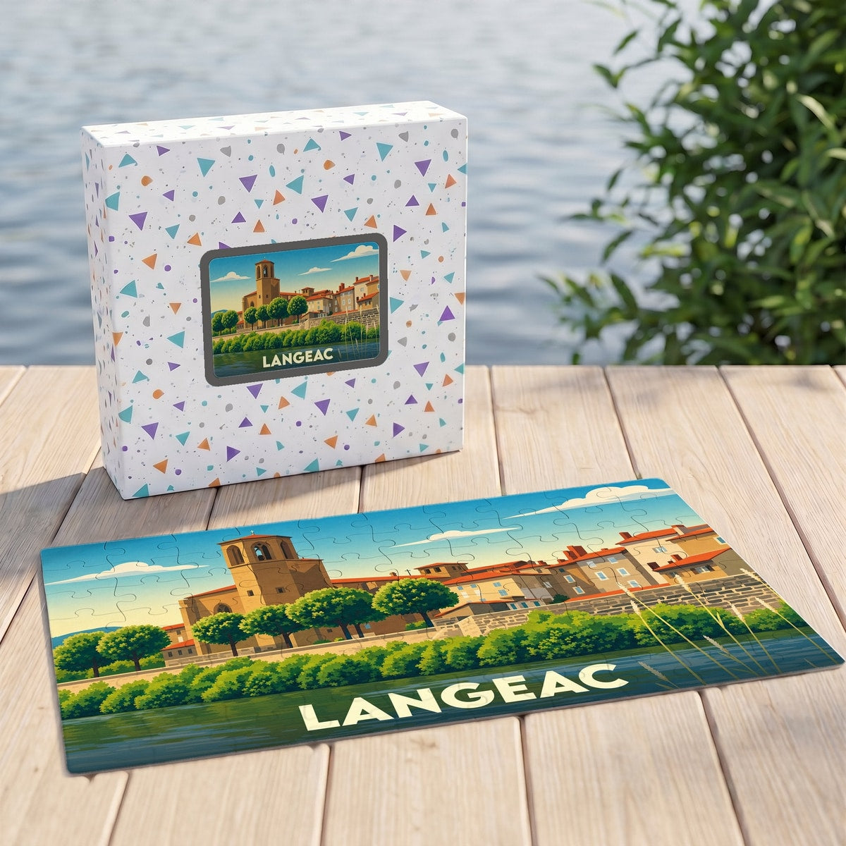 Puzzle souvenir de la ville de Langeac avec une illustration stylisée des bords de l'Allier.