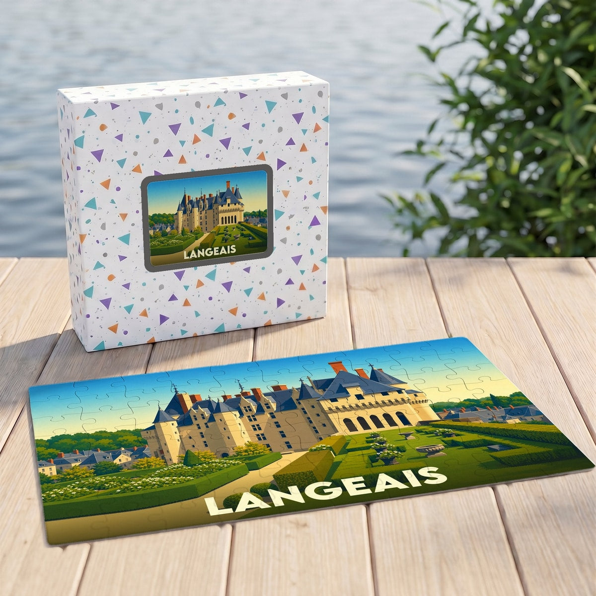 Puzzle souvenir de la ville de Langeais représentant son château avec une illustration stylisée.