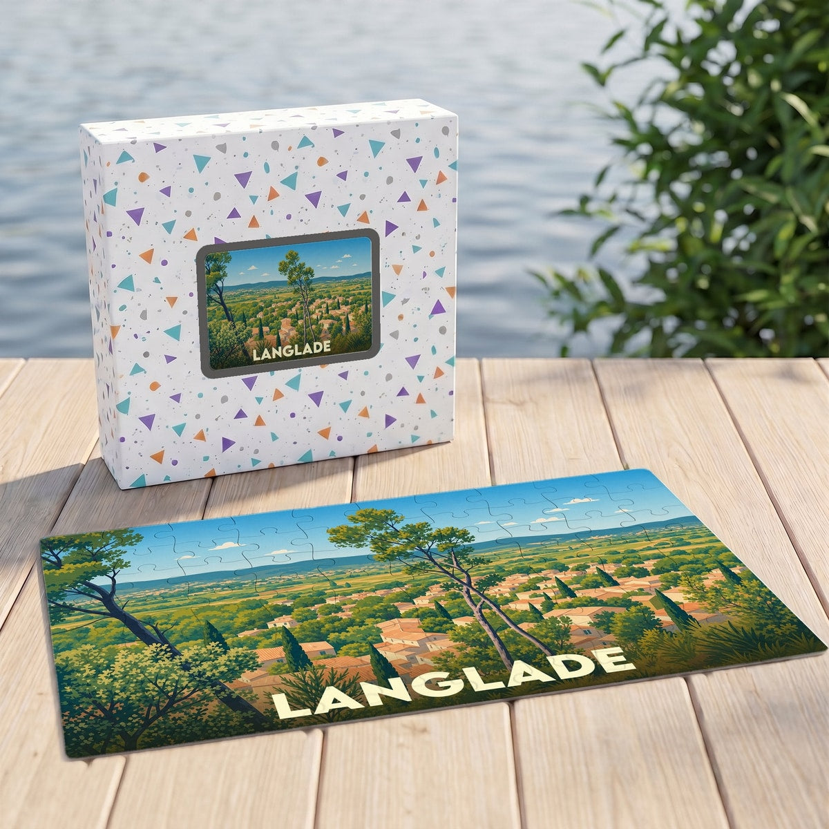 Puzzle souvenir de la ville de Langlade avec une illustration de paysage panoramique.