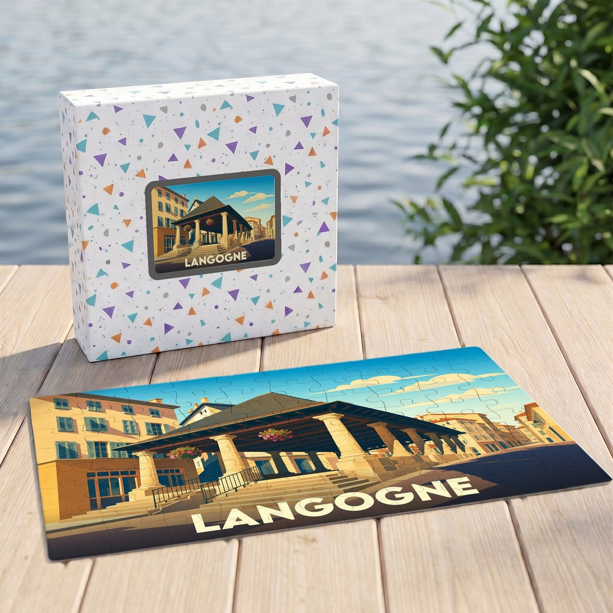 Puzzle souvenir de la ville de Langogne avec une illustration stylisée de sa halle historique.