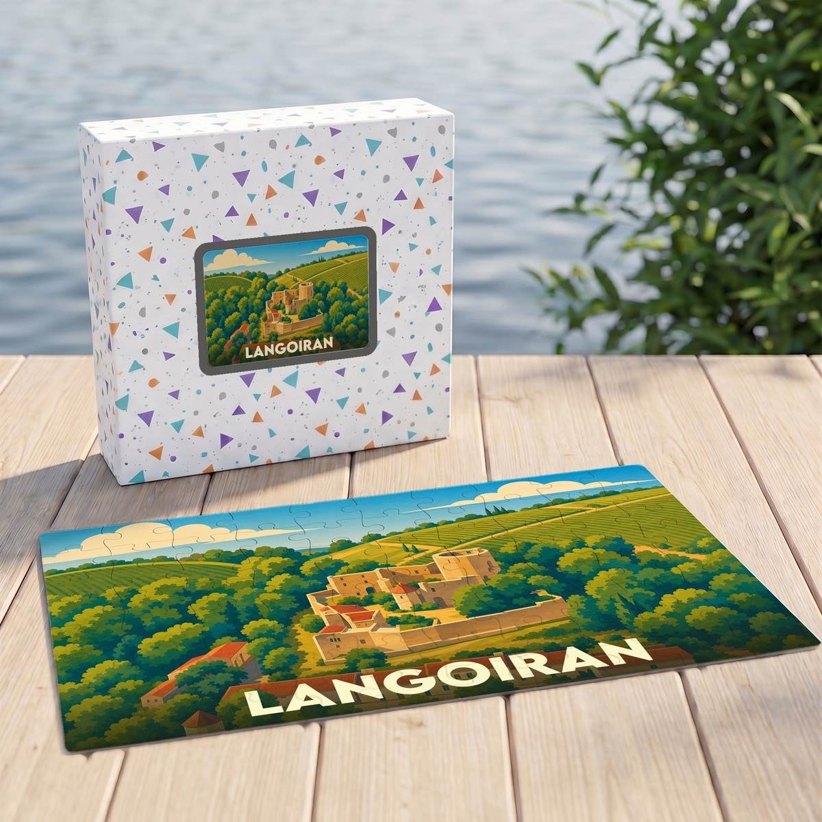Puzzle souvenir de la ville de Langoiran présentant une illustration stylisée de son château et de ses vignobles.
