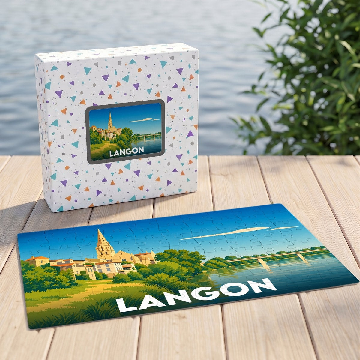 Puzzle souvenir de la ville de Langon avec une illustration stylisée d'un paysage urbain au bord de l'eau.