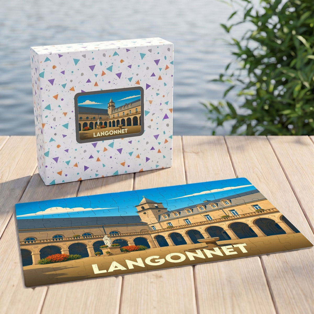 Puzzle souvenir de la ville de Langonnet présentant une illustration stylisée de son patrimoine architectural.