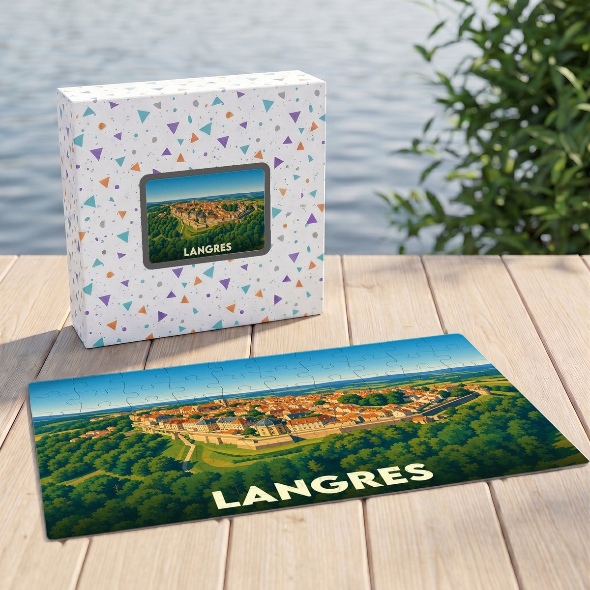 Puzzle souvenir de la ville de Langres illustrant ses remparts et son centre historique dans un style graphique épuré.