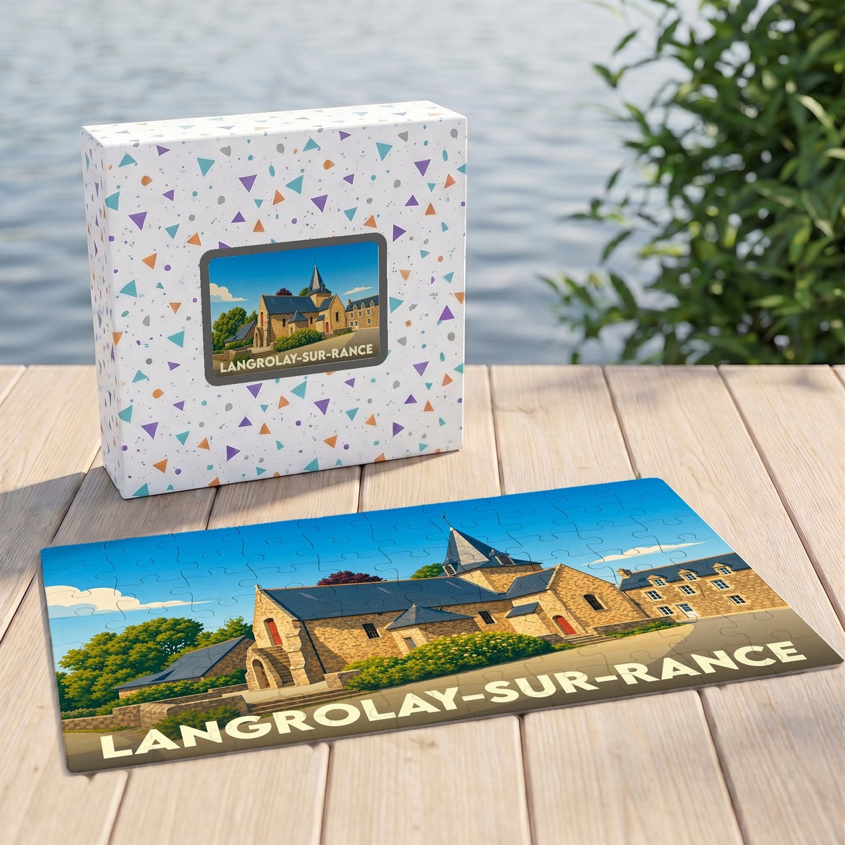 Puzzle souvenir de la ville de Langrolay-sur-Rance avec une illustration stylisée.