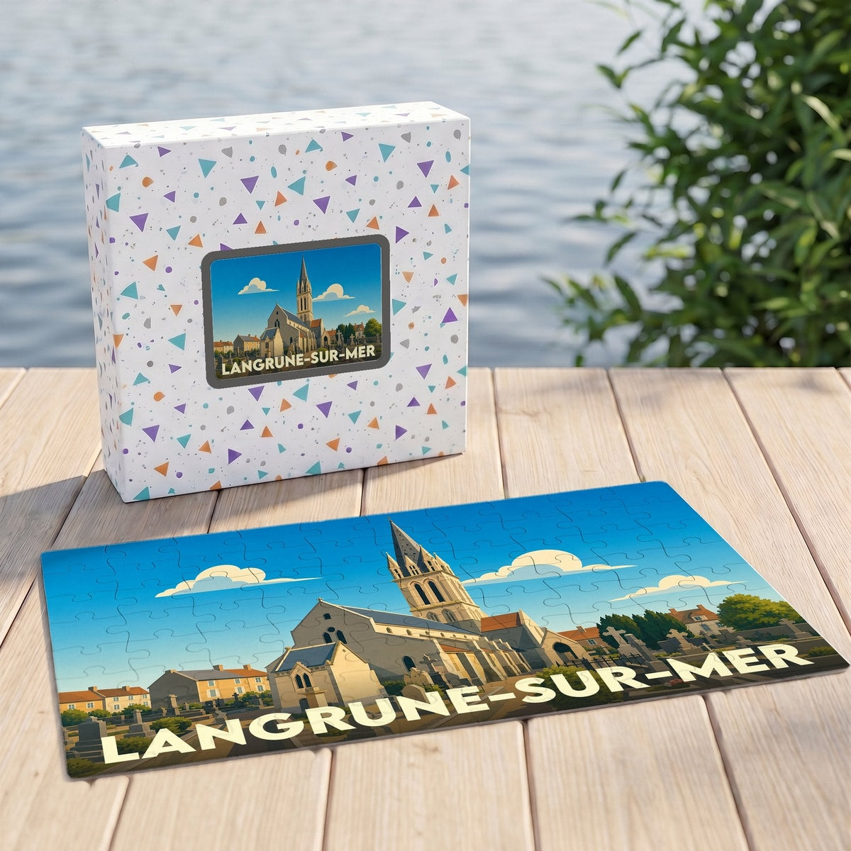 Puzzle souvenir de la ville de Langrune-sur-Mer avec une illustration stylisée de son église.