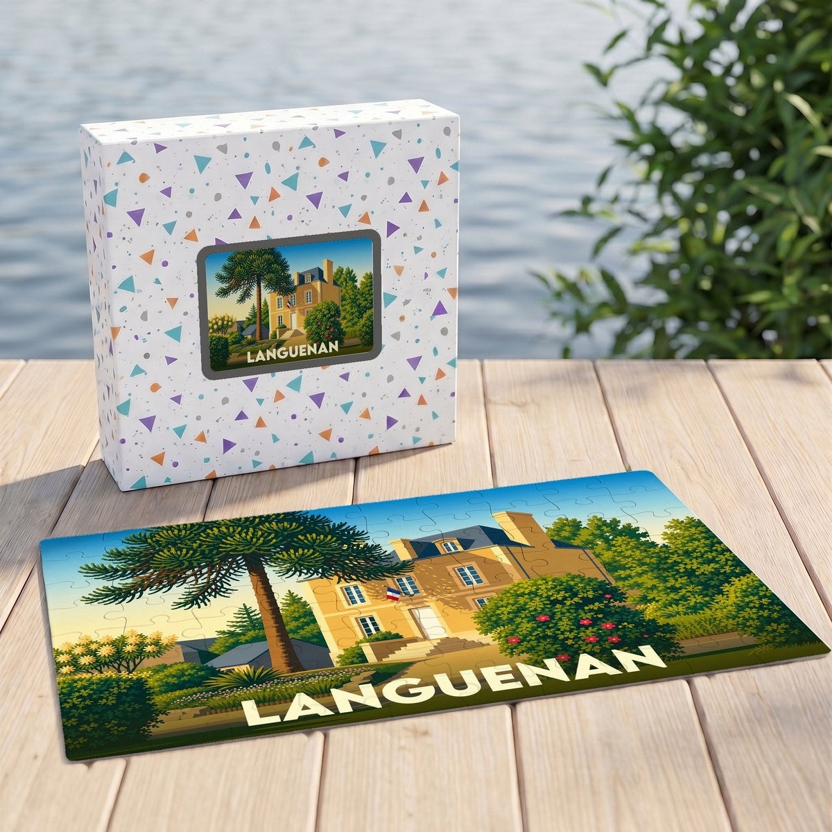 Puzzle souvenir de la ville de Languenan avec une illustration stylisée d'une maison de maître et d'un araucaria.