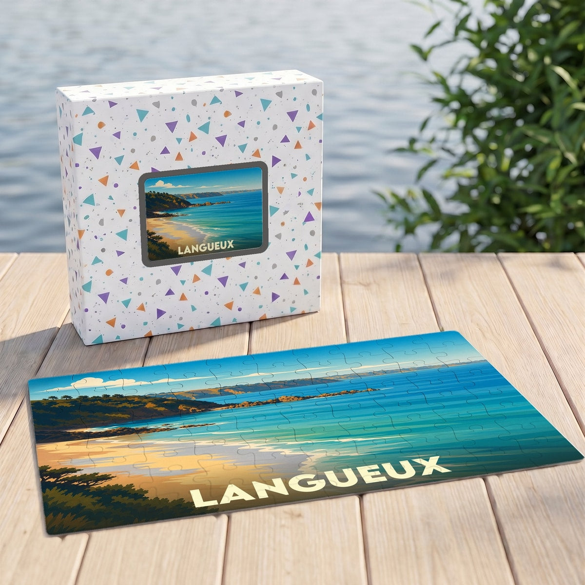 Puzzle souvenir de la ville de Langueux avec son coffret assorti, illustrant une vue côtière stylisée.