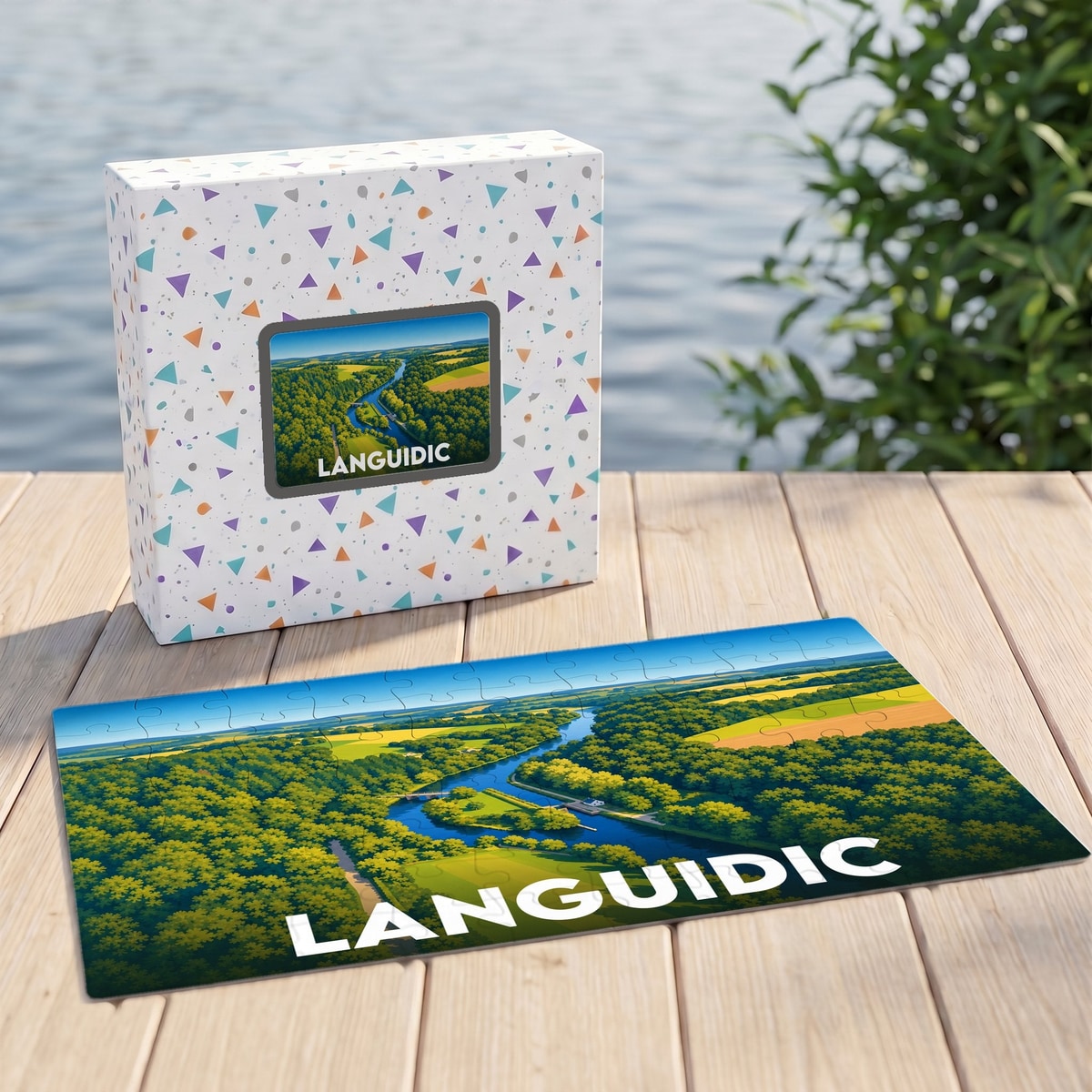 Puzzle souvenir de la ville de Languidic avec une illustration de paysage verdoyant.