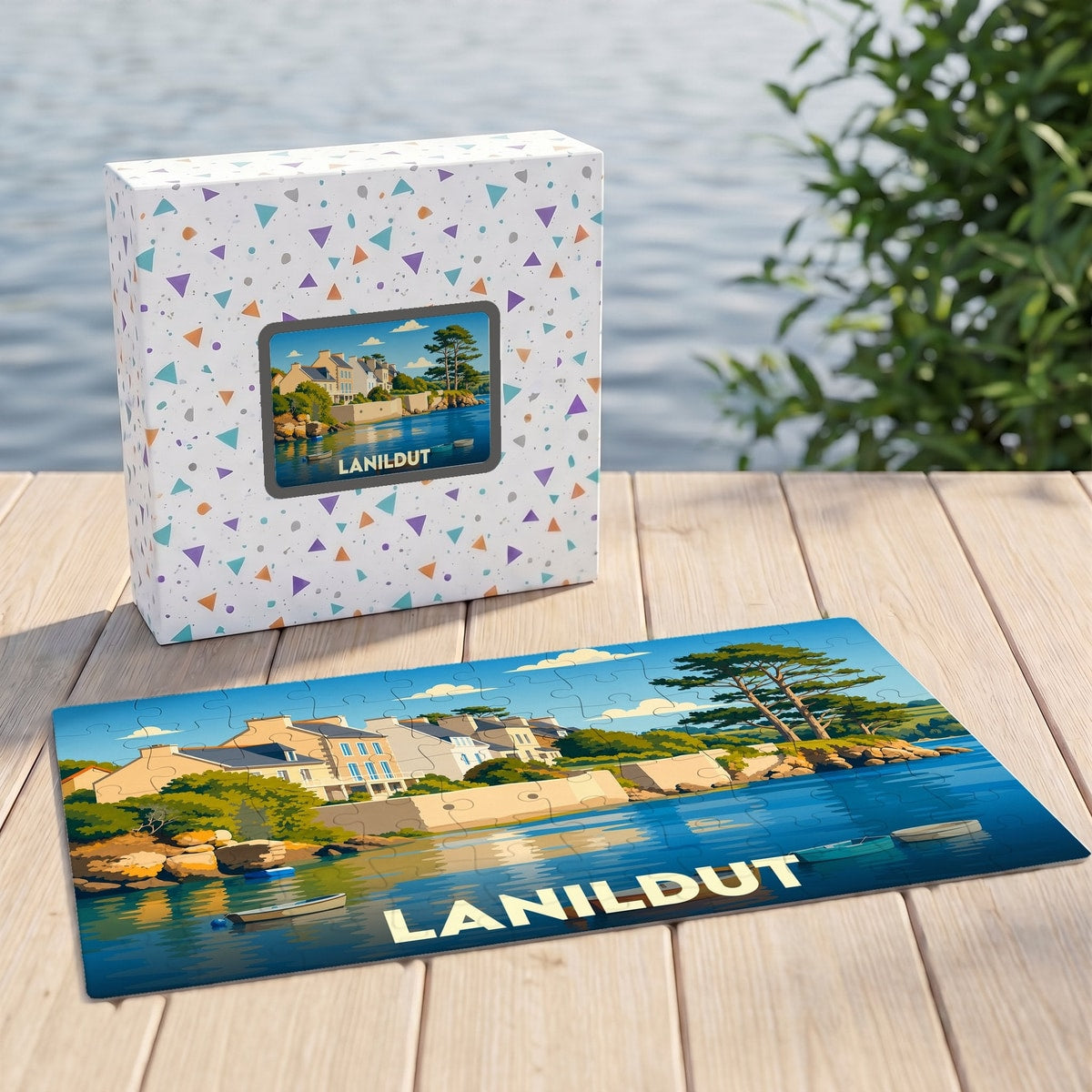 Puzzle souvenir de la ville de Lanildut illustrant un paysage côtier stylisé.