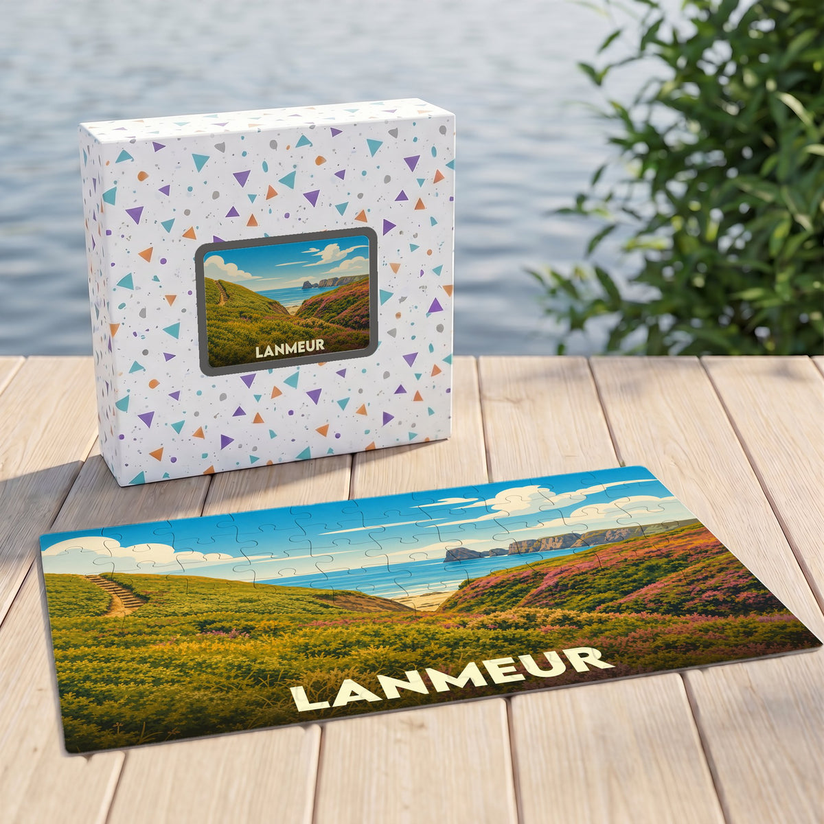 Puzzle souvenir de la ville de Lanmeur représentant un paysage côtier vallonné sous forme d'illustration colorée.
